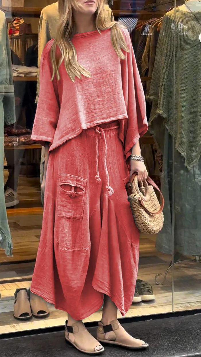 Loose-fitting Skirt Suit Fashion Solid Color Pullover Long-sleeved Top And Long Skirt Two-piece Set