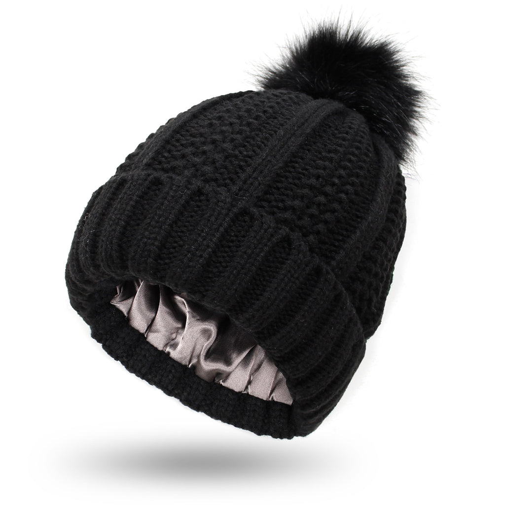 Satin-Lined Pom-Pom Beanie
