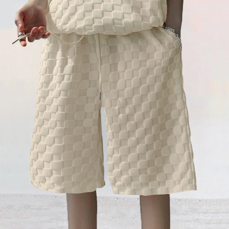 Jacquard Plaid Loose Straight Casual Shorts Suit