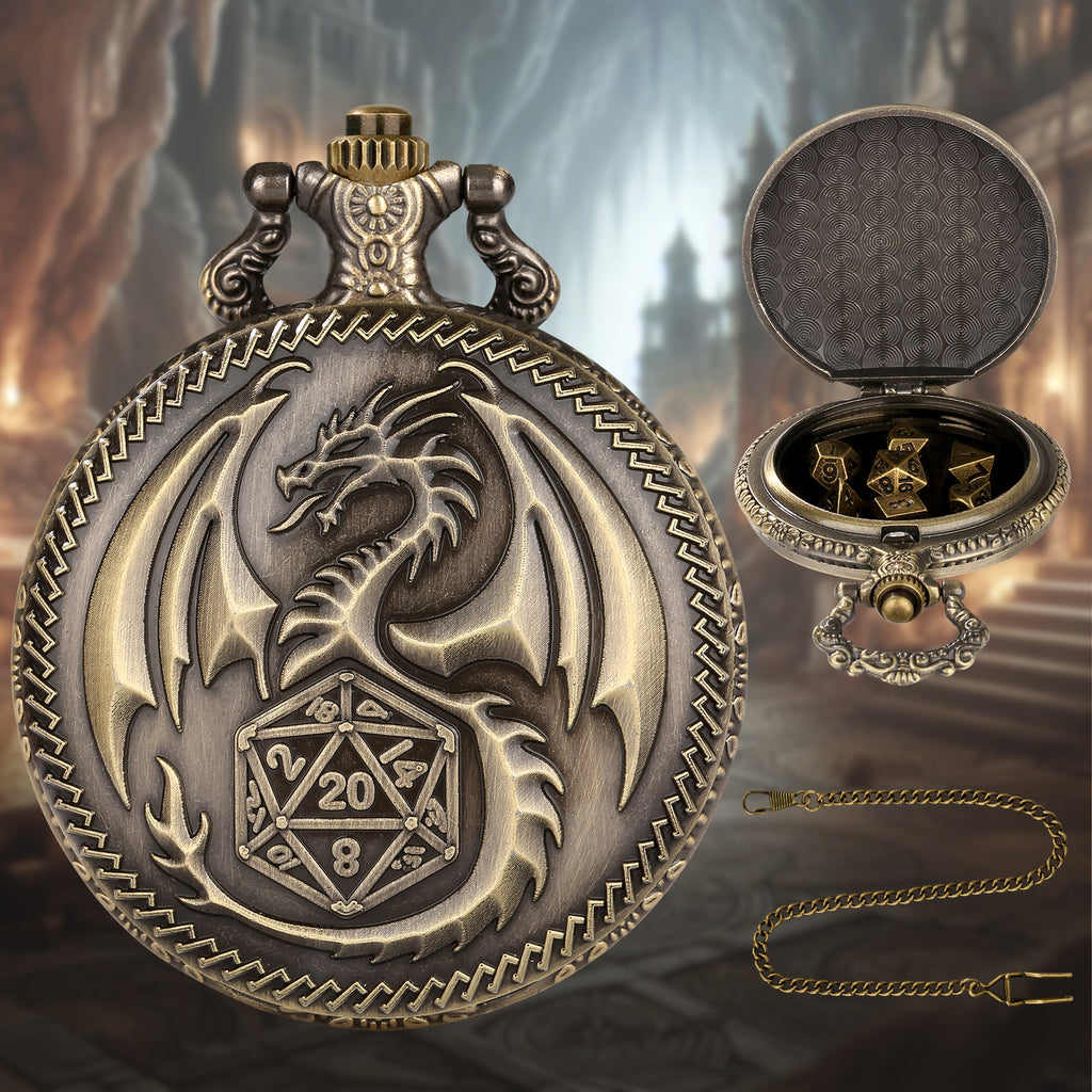 Creative Thick Chain Pocket Watch Set, Equipped With 7 Mini DND Game Polyhedral Metal Dice Tabletop Role-playing Game Dice, Enhancing RPG Gaming Exper