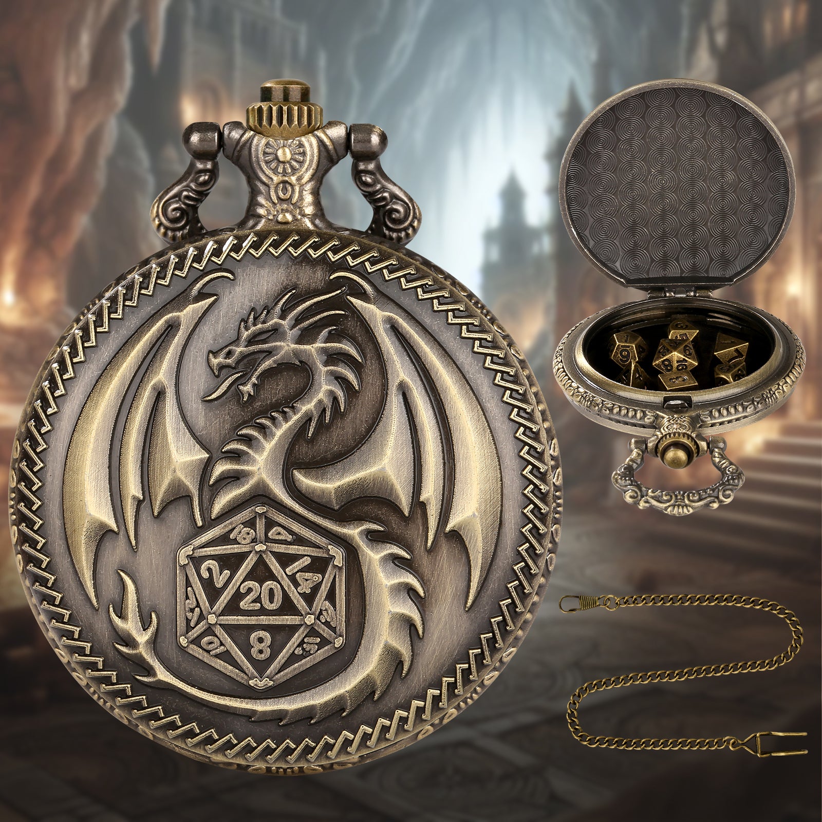 Creative Thick Chain Pocket Watch Set, Equipped With 7 Mini DND Game Polyhedral Metal Dice Tabletop Role-playing Game Dice, Enhancing RPG Gaming Exper
