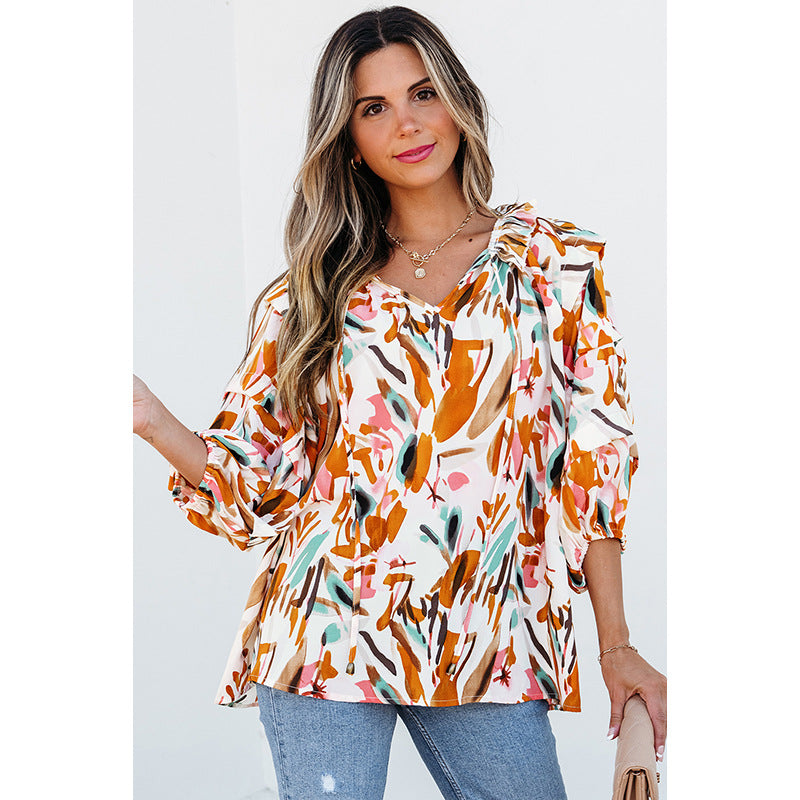 Colorblock V-Neck Chiffon Blouse