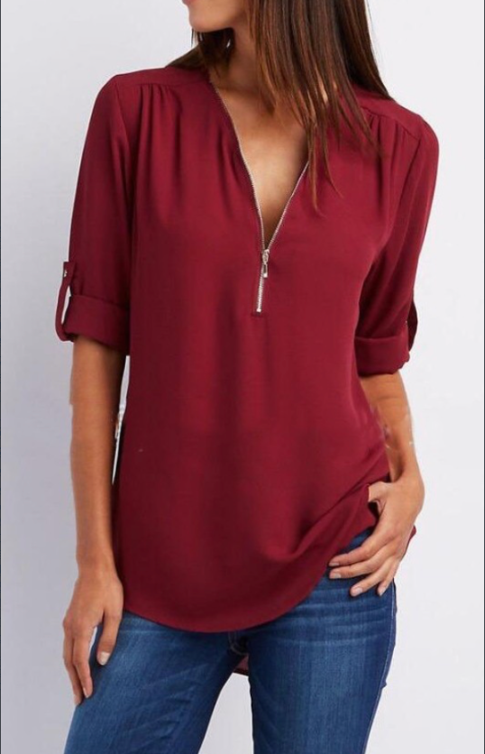 Ruched Half-Zip Casual Blouse