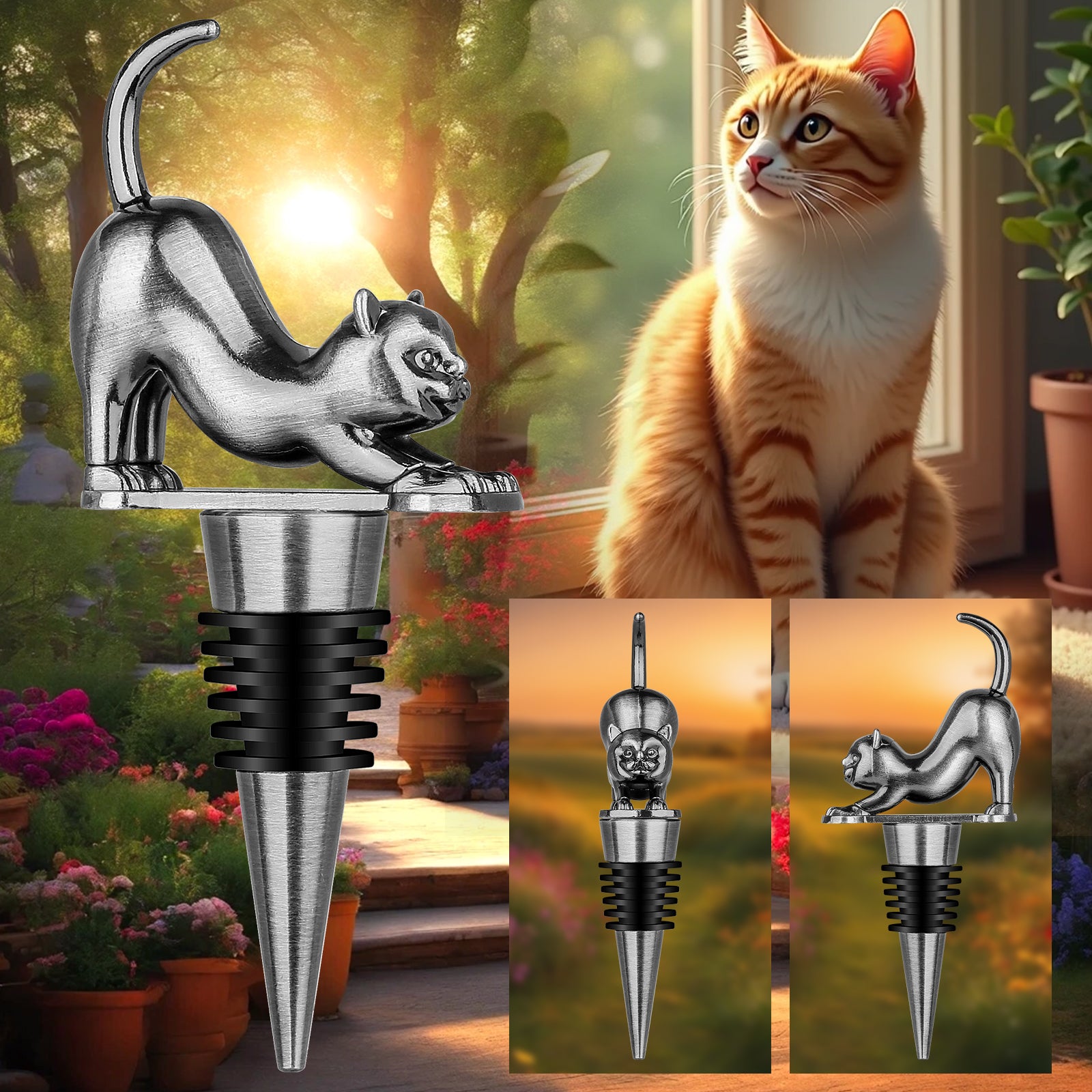 Elegant Upturned Cat Shaped Red Wine Stopper Set With Metallic Luster Bottle Stopper Gift Box, High-end Accessories For Wine Enthusiasts, A Must-have