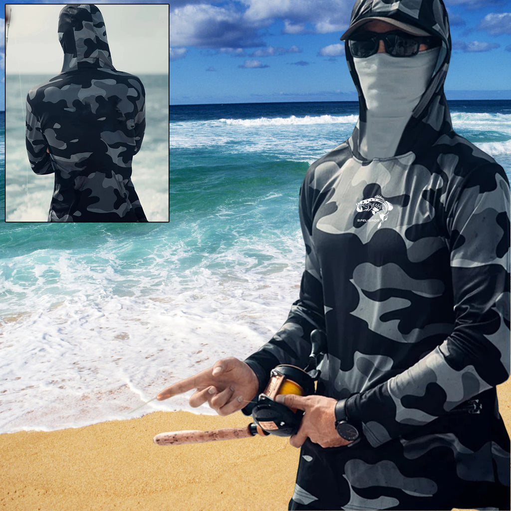 Fishing Hoodie Face Mask Neck Cover Sailing Shirt Summer Men Long Sleeve Sun Protection Hunting Jersey Camisa De Pesca Performance Fish Gear Beach Top