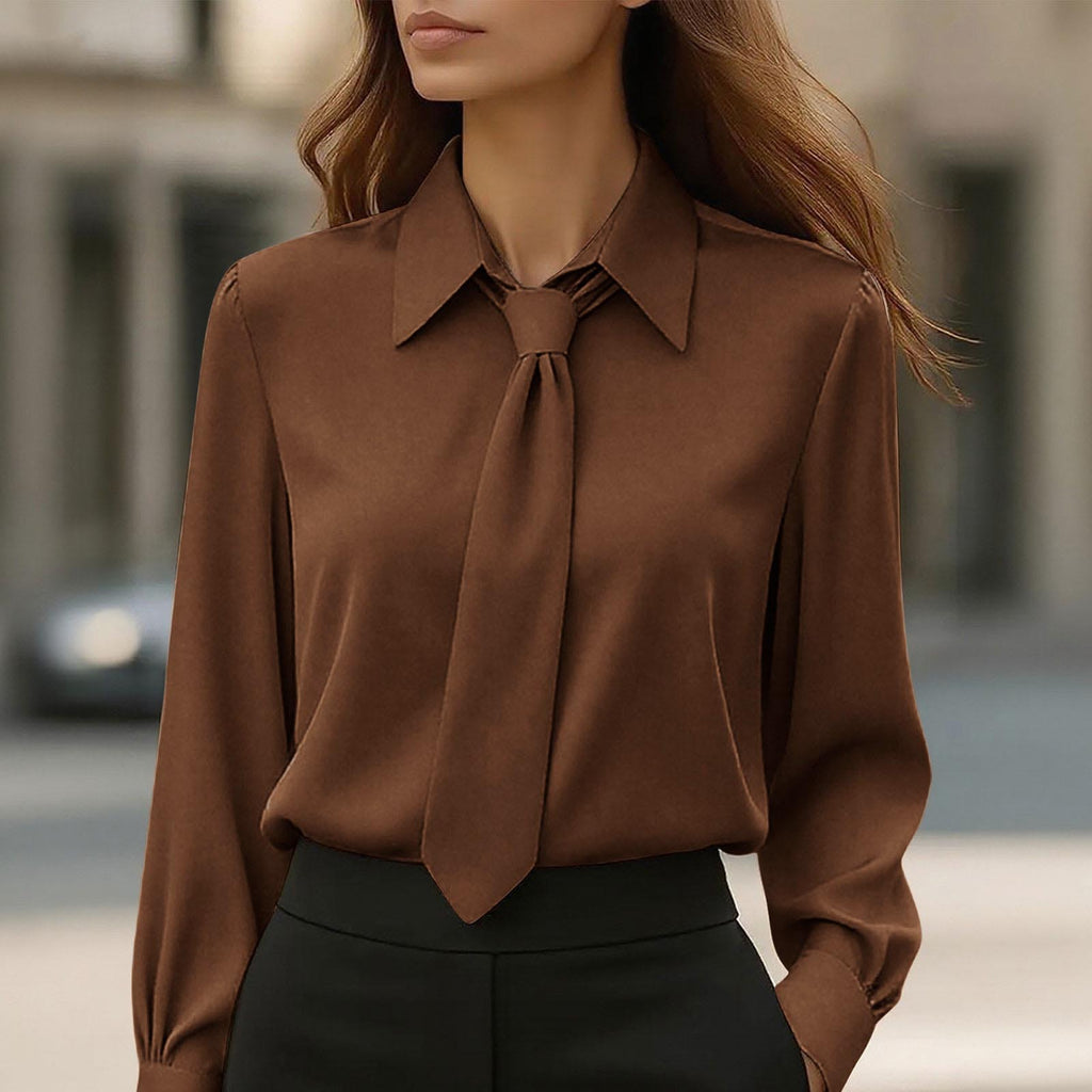 Womens Solid-Color Casual Tie Long-Sleeve French-Collar Shirt
