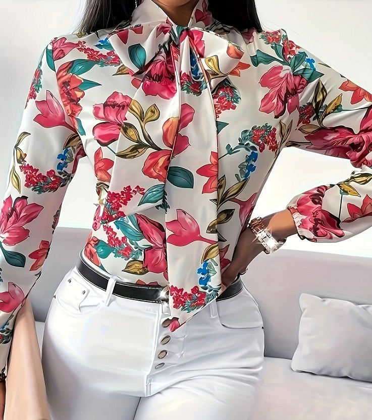 Floral Lace-Up Long Sleeve Blouse