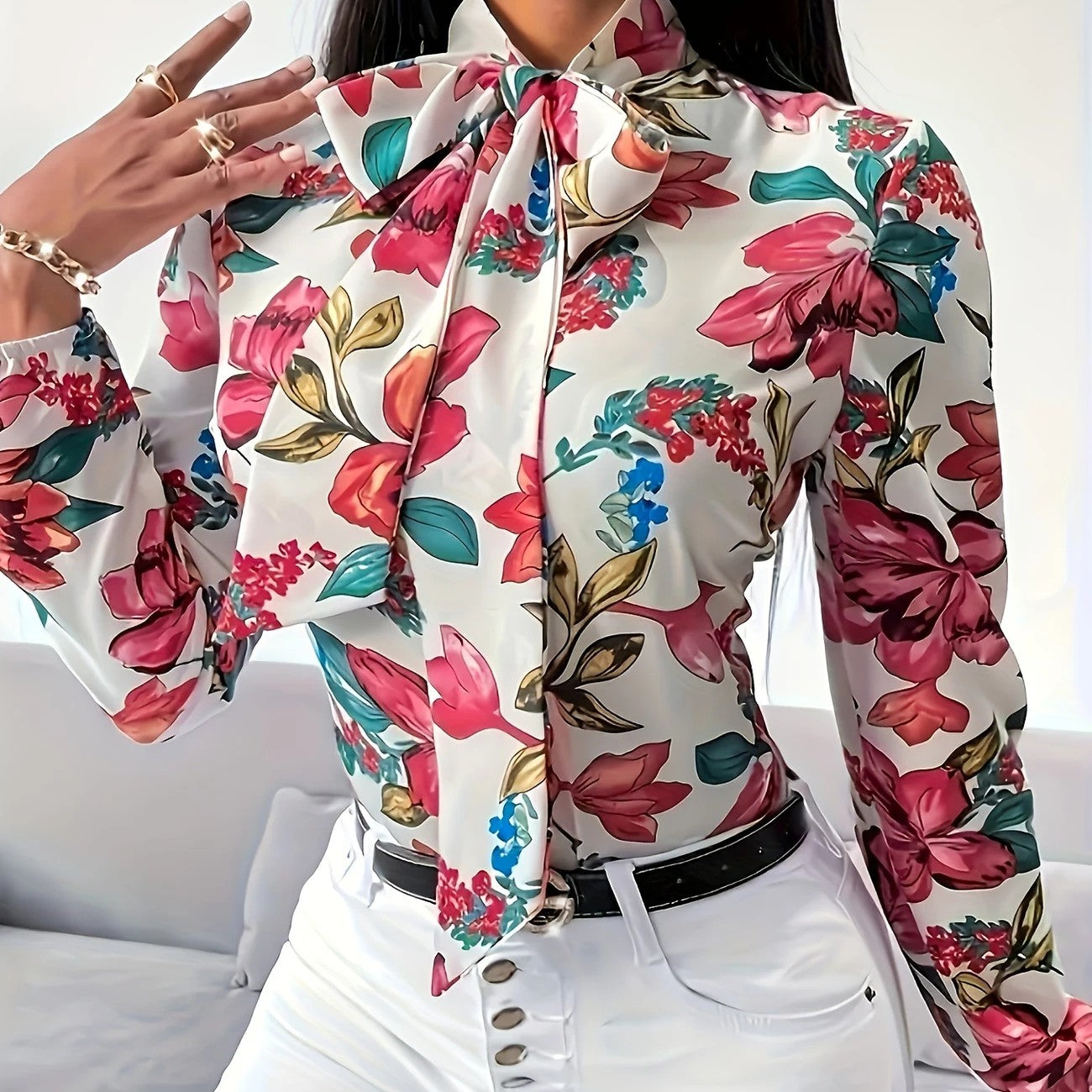 Floral Lace-Up Long Sleeve Blouse