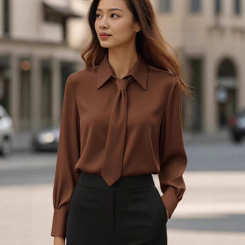 Womens Solid-Color Casual Tie Long-Sleeve French-Collar Shirt