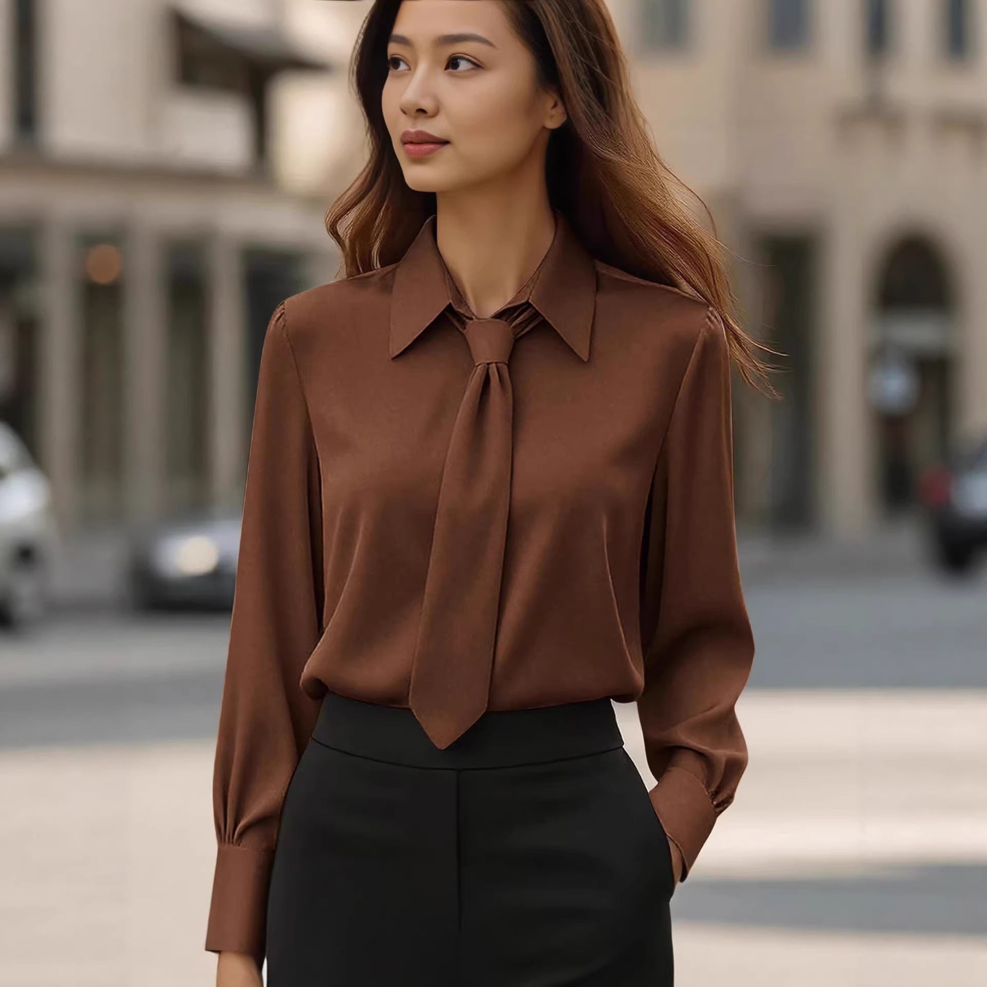 Womens Solid-Color Casual Tie Long-Sleeve French-Collar Shirt