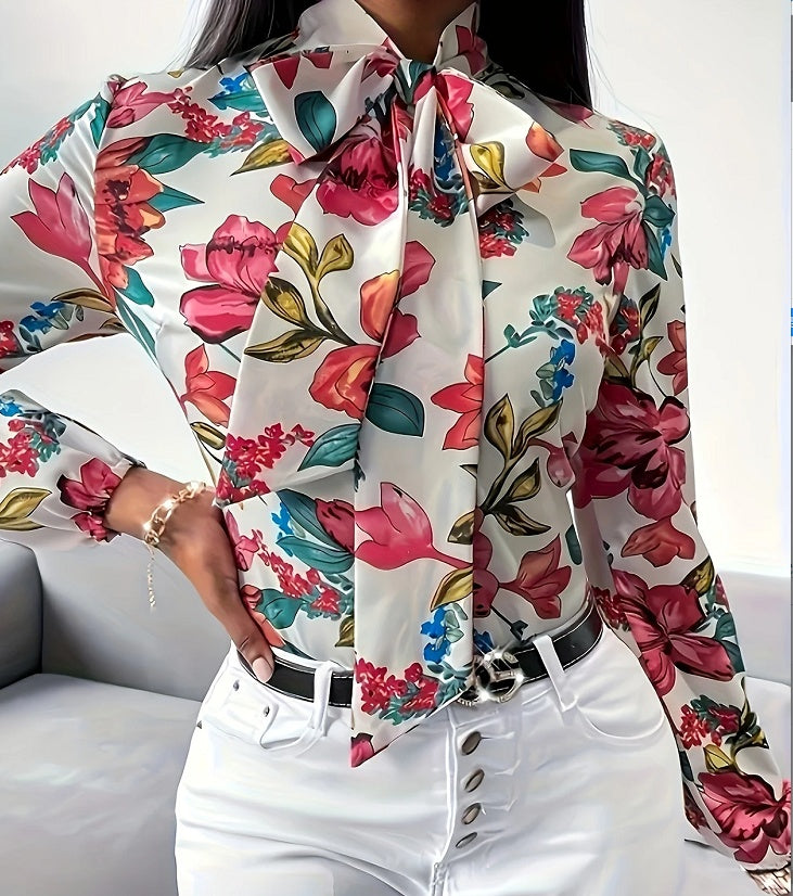 Floral Lace-Up Long Sleeve Blouse