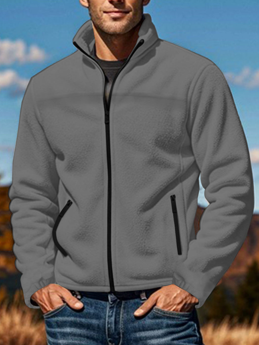 Men's Polar Fleece Jacket Outdoor Zipped Stand Collar Coat