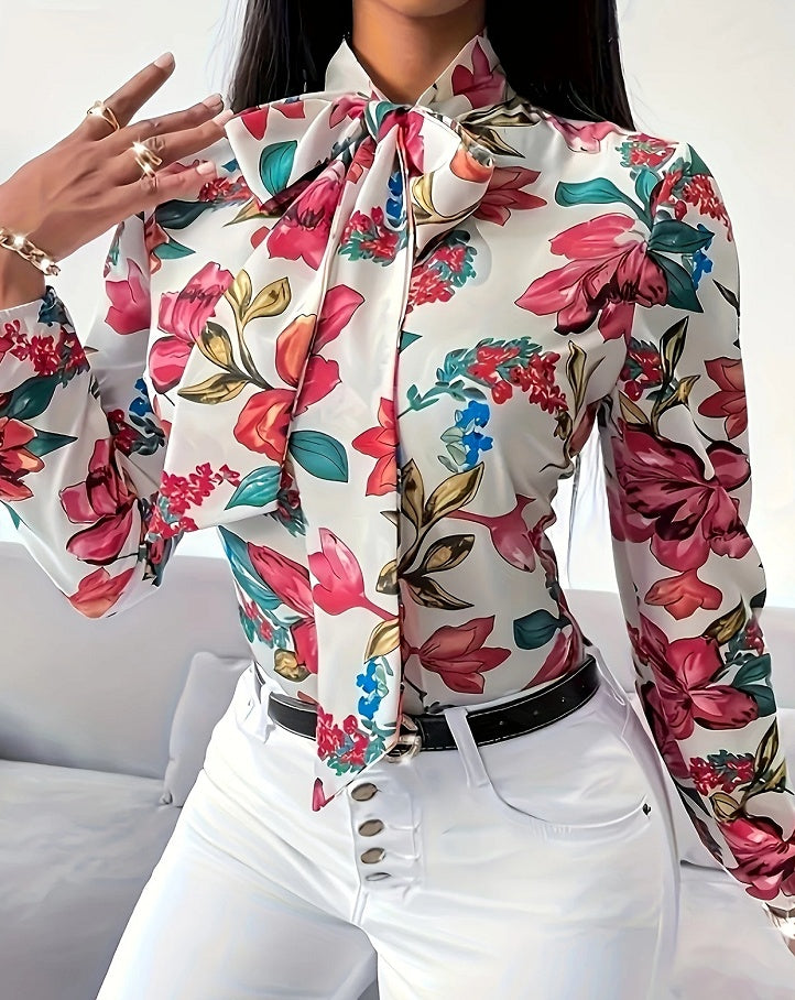 Floral Lace-Up Long Sleeve Blouse