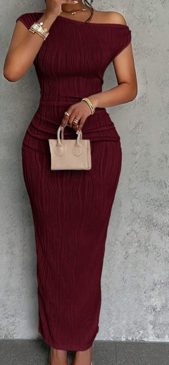 Summer New Elegant Party Daily Date Oblique Shoulder One-Shoulder Off-Shoulder Front Pleated Slim Long Skirt Wavy Texture White Women's Dress