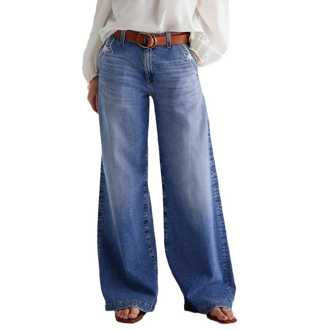 Embroidered Elastic-Waist Straight Pants