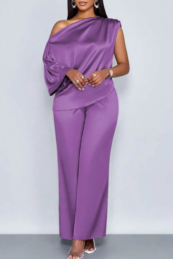 Long-sleeved Suit Off-shoulder Pullover Shirt Top And Loose Straight-leg Trousers Women's Clothing