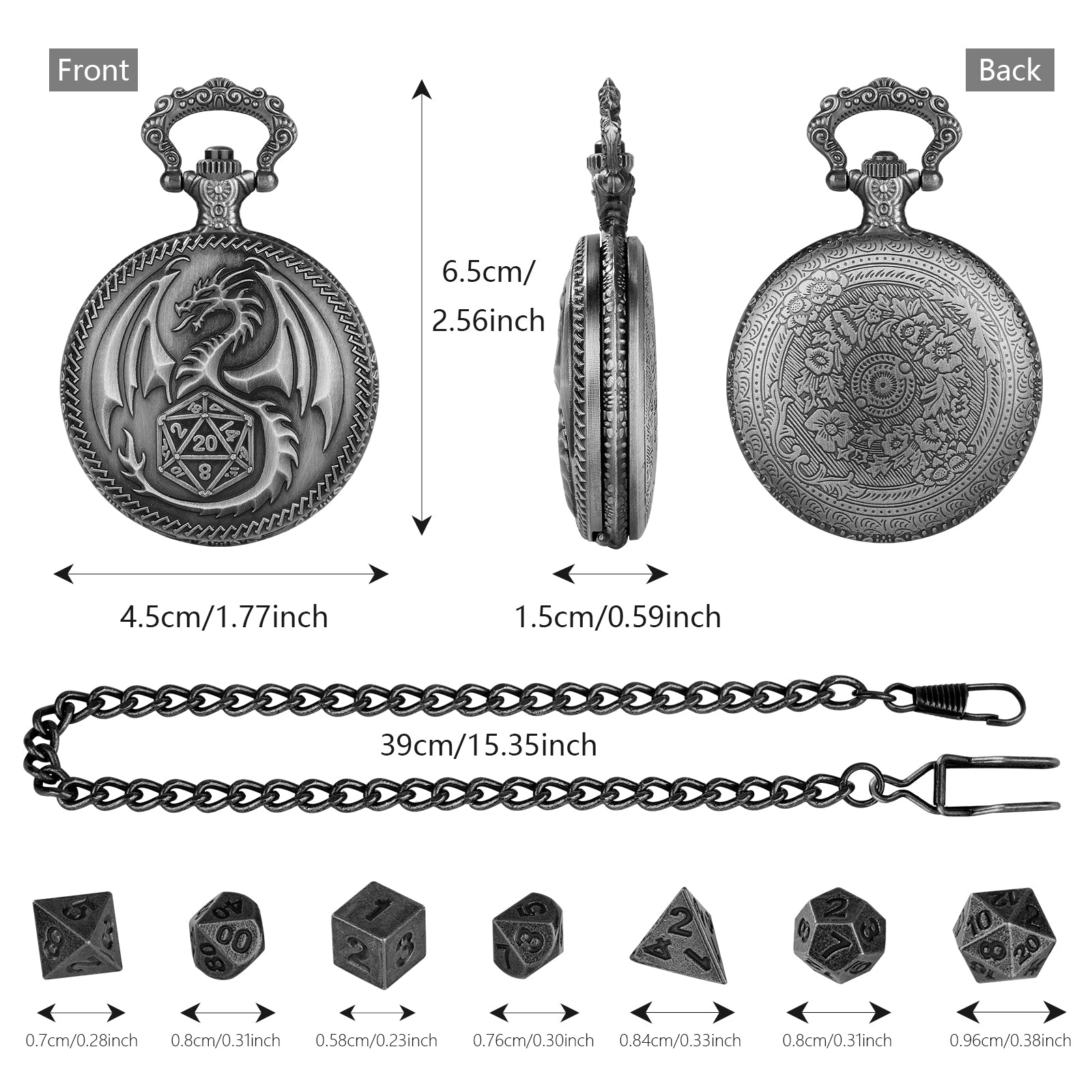 Creative Thick Chain Pocket Watch Set, Equipped With 7 Mini DND Game Polyhedral Metal Dice Tabletop Role-playing Game Dice, Enhancing RPG Gaming Exper
