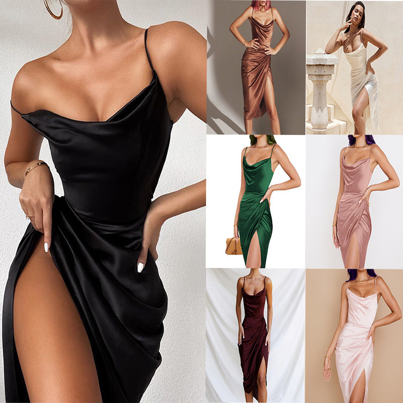 Sexy Slit Satin European And American Slim Sleeveless Split Skirt