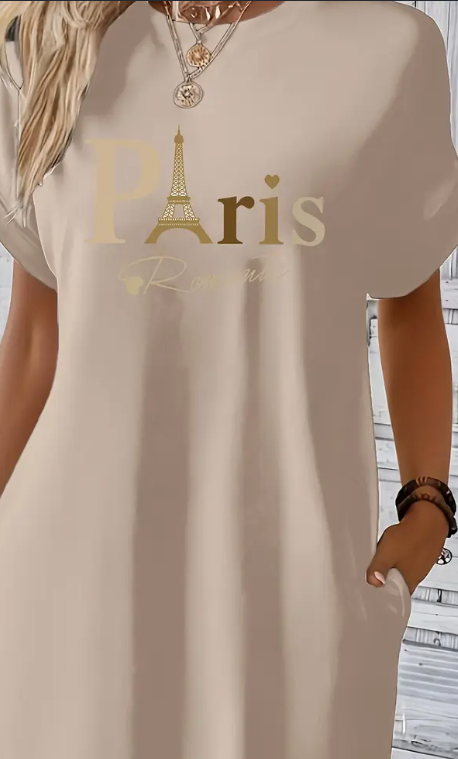 Midi Paris Print Crew Neck Tunic Dress - Geometric Pattern, Mid Elasticity, Semi-Sheer, Dual Pockets, Loose Fit, Machine Washable, Perfect For Spring,