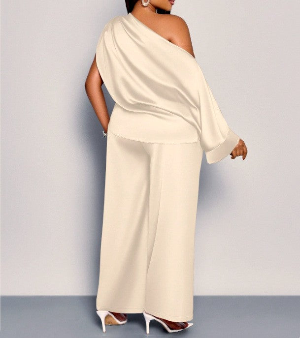Long-sleeved Suit Off-shoulder Pullover Shirt Top And Loose Straight-leg Trousers Women's Clothing