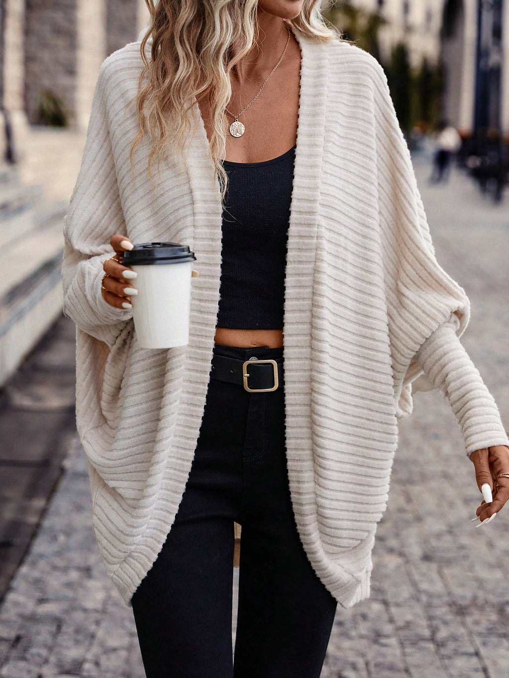 Women Solid Color Batwing Sleeve Open Front Casual Jacket