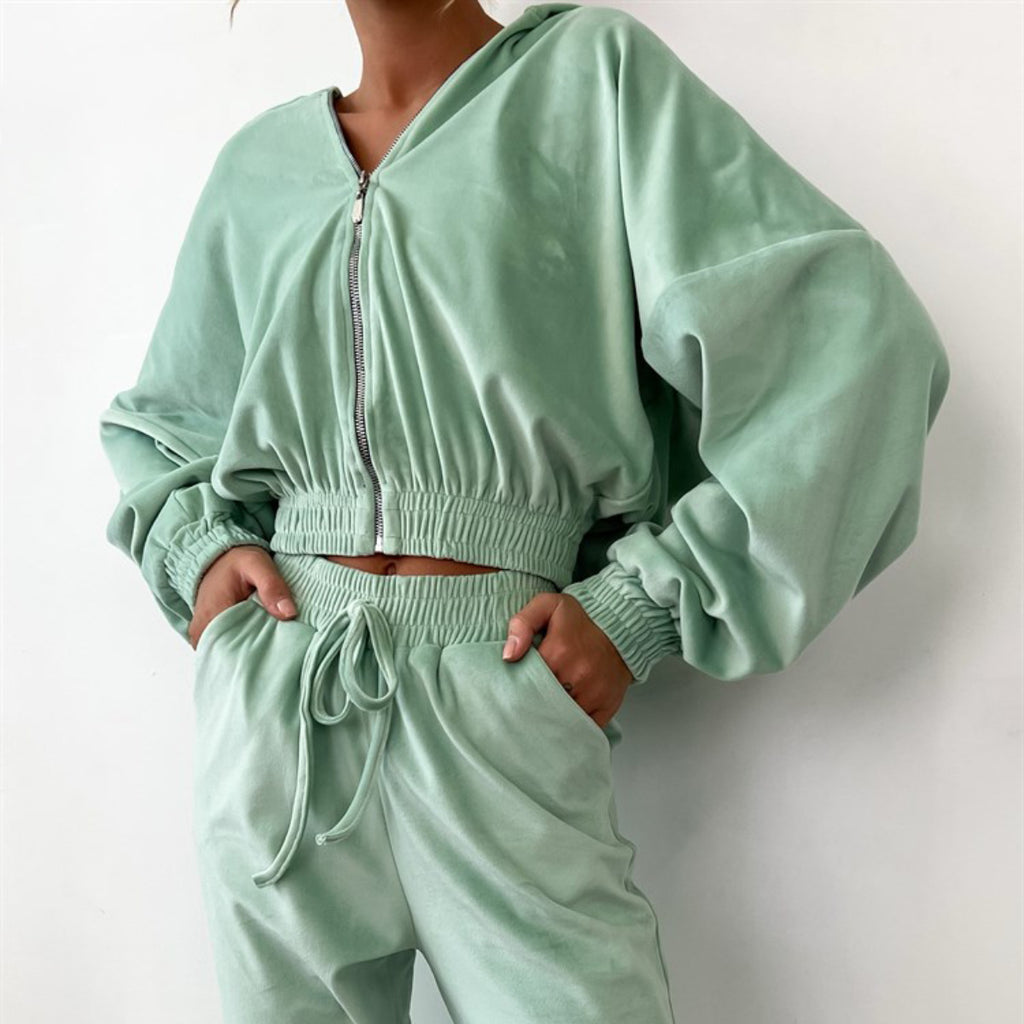 Solid Color Cardigan Hooded Trousers Women's Long-sleeved Fleese Suit