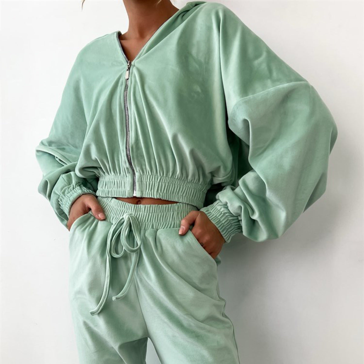 Solid Color Cardigan Hooded Trousers Women's Long-sleeved Fleese Suit