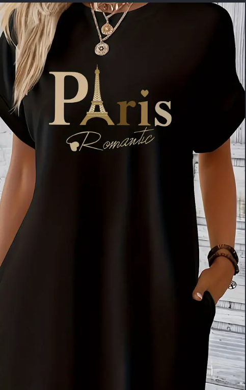 Midi Paris Print Crew Neck Tunic Dress - Geometric Pattern, Mid Elasticity, Semi-Sheer, Dual Pockets, Loose Fit, Machine Washable, Perfect For Spring,