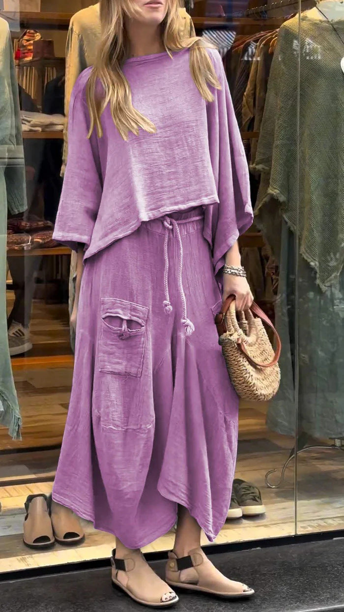 Loose-fitting Skirt Suit Fashion Solid Color Pullover Long-sleeved Top And Long Skirt Two-piece Set