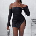 Women's Shoulder-baring Wrapped Chest Split Hip Skirt
