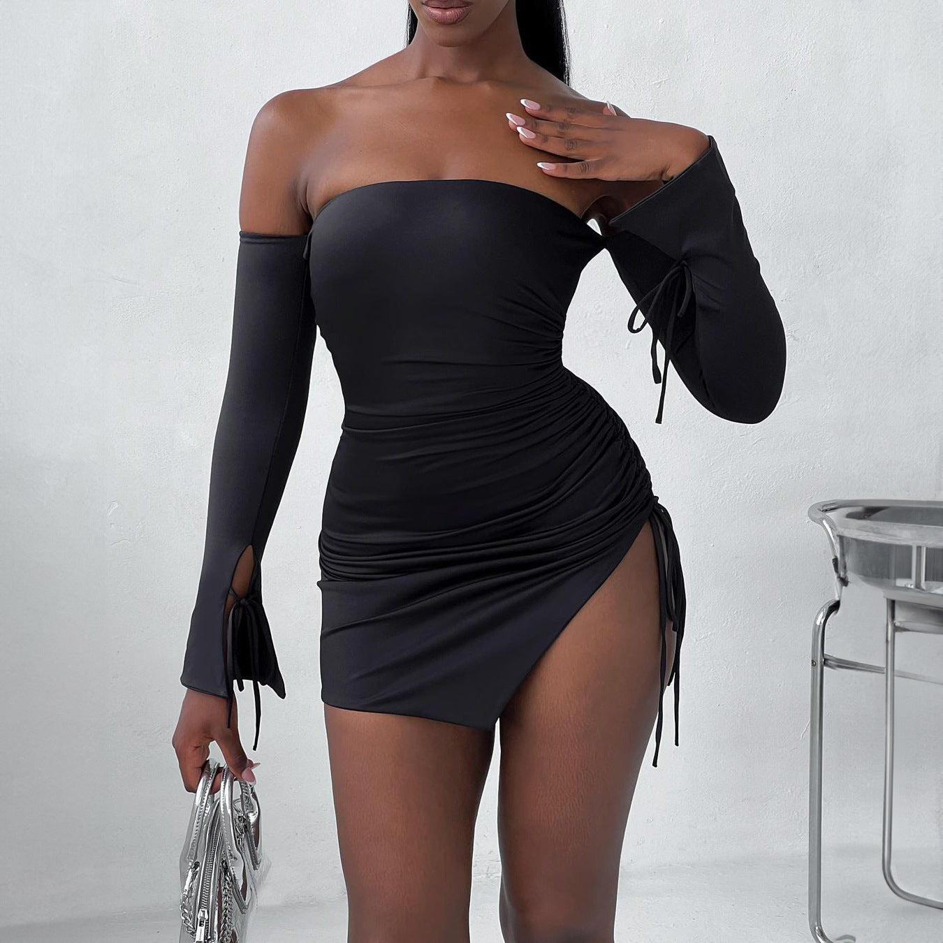 Women's Shoulder-baring Wrapped Chest Split Hip Skirt