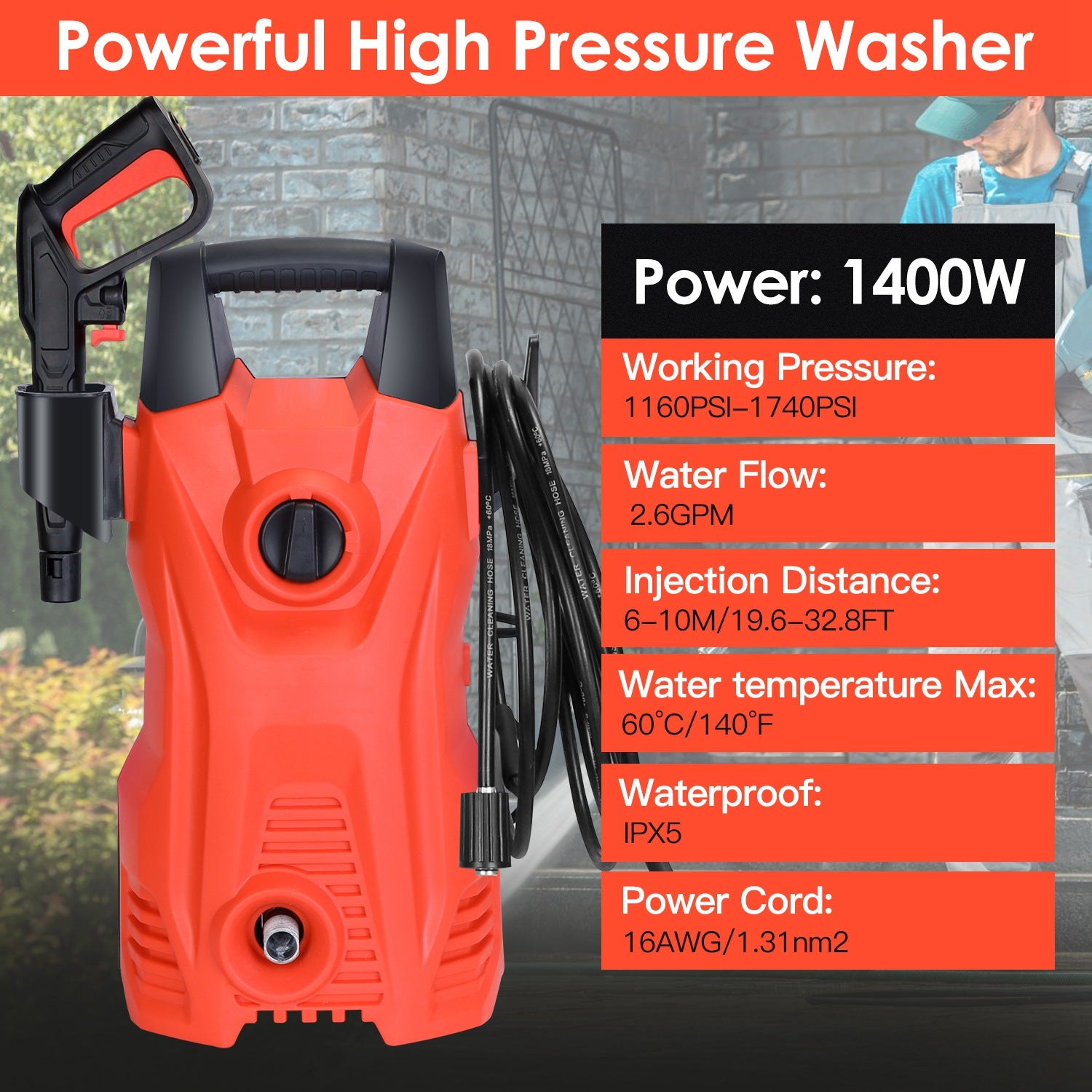 1Pc Electric High Pressure Washer 1740PSI Powerful Car Washer Pressure Cleaner With Adjustable Spray Nozzle Soap Dispenser IPX5 Waterproof For Patio G