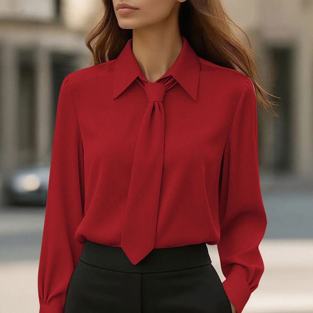 Womens Solid-Color Casual Tie Long-Sleeve French-Collar Shirt