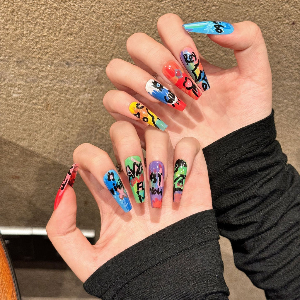 color:Graffiti Oil Painting Series Removable Fake Nails Wear Armor 2210 Super Long Ladder Small Size S